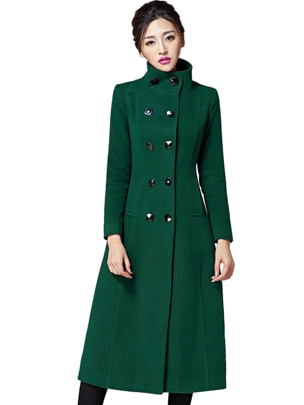 Women's Double-Breasted Long Pea Coat - Emerald Green